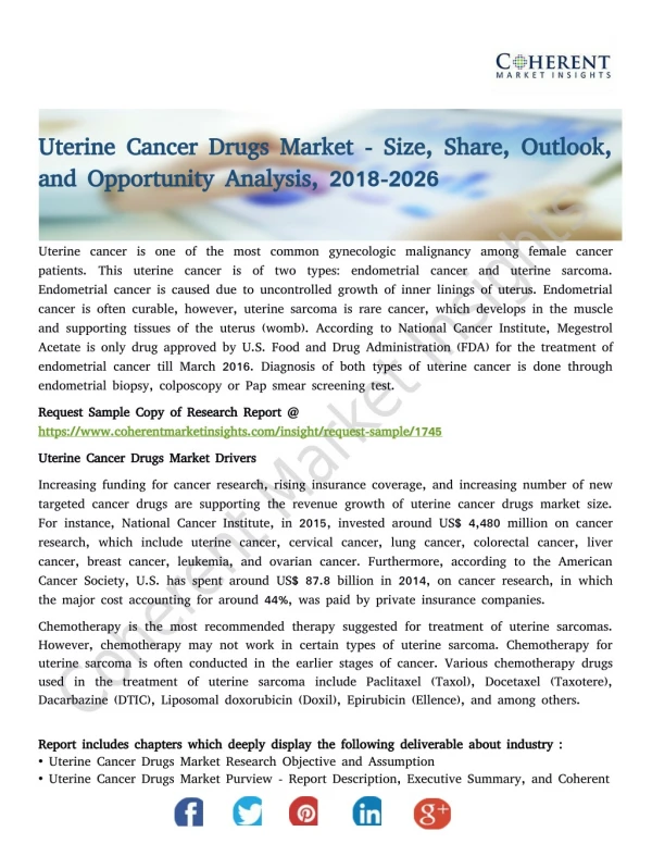 Uterine Cancer Drugs Market Exhibits Higher Growth Prospects during 2018-2026