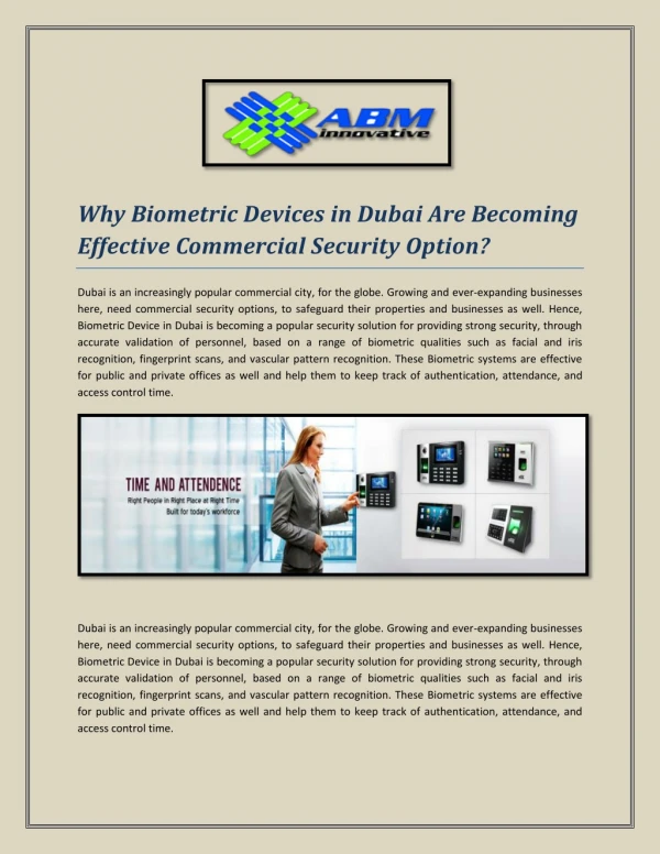 Why Biometric Devices in Dubai Are Becoming Effective Commercial Security Option?