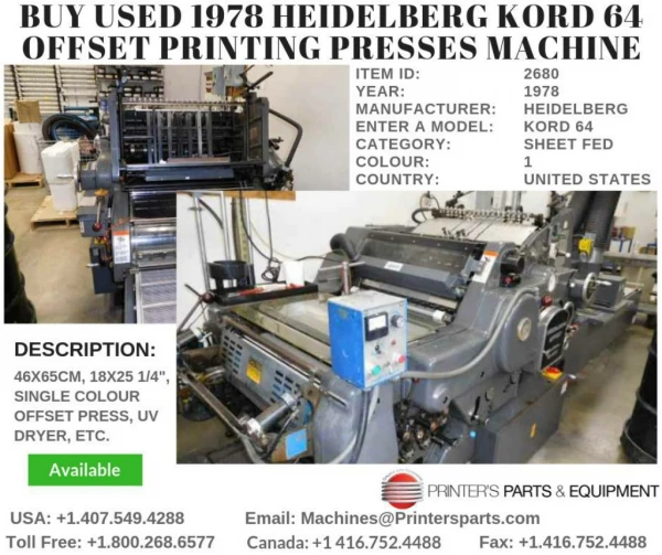 Buy Used 1978 Heidelberg KORD 64 Offset Printing Presses Machine