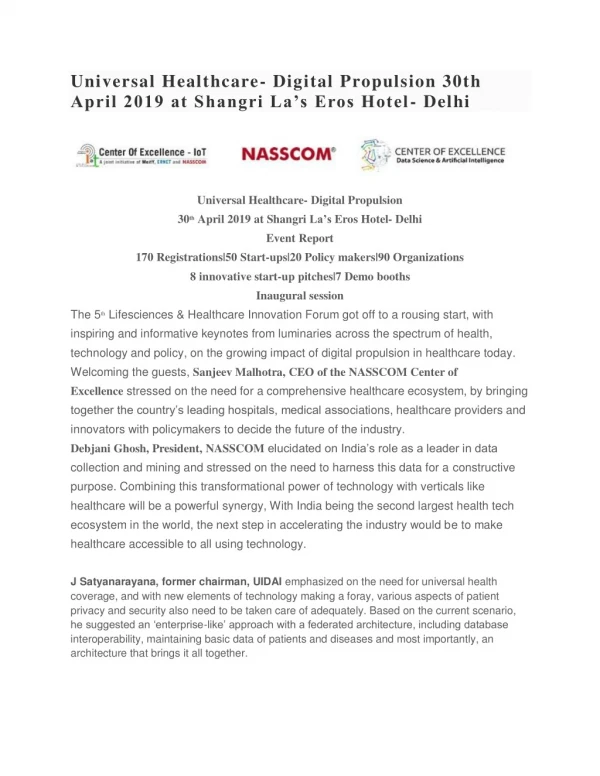Universal Healthcare- Digital Propulsion 30th April 2019 at Shangri La’s Eros Hotel- Delhi