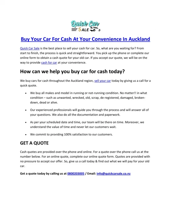 Buy Your Car For Cash At Your Convenience In Auckland (Quick Car Sale)