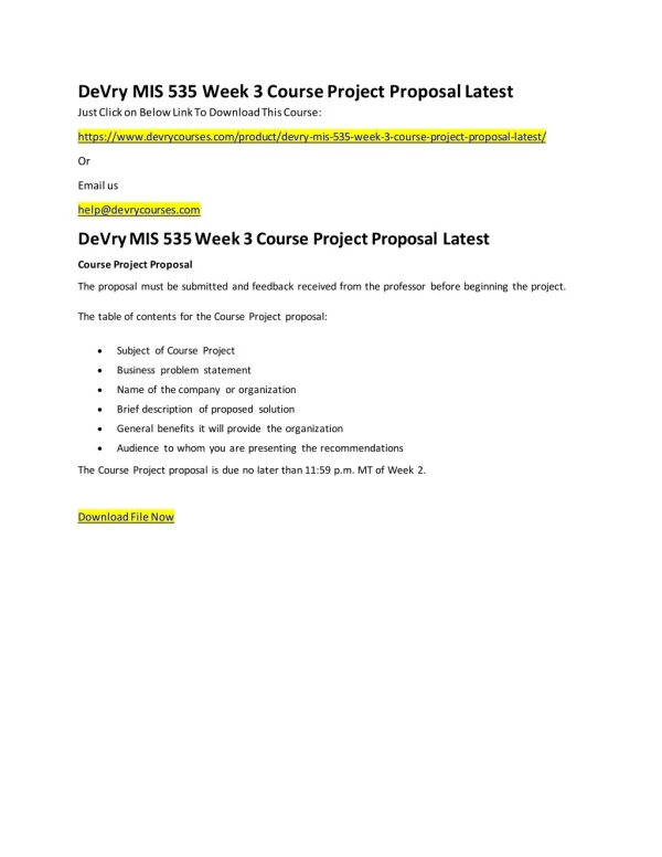 DeVry MIS 535 Week 3 Course Project Proposal Latest