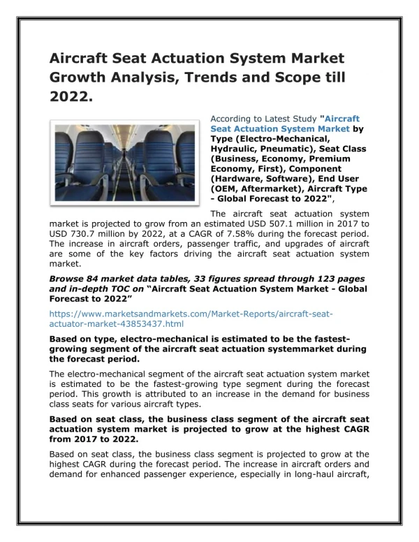 Aircraft Seat Actuation System Market Growth Analysis, Trends and Scope till 2022.