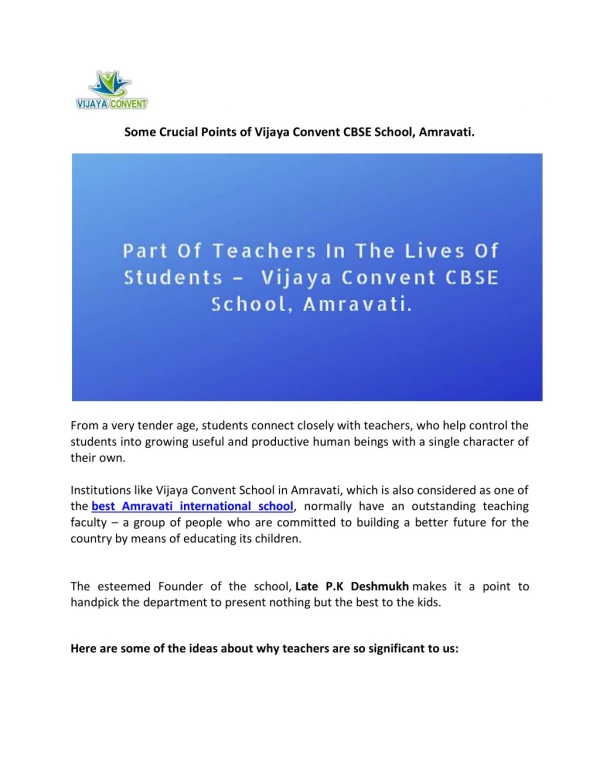 Part Of Teachers In The Lives Of Students – Vijaya Convent CBSE School, Amravati.
