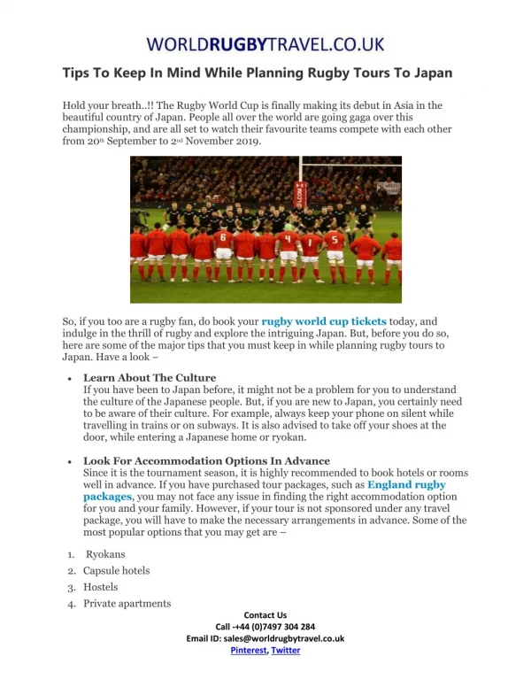 England Rugby Packages