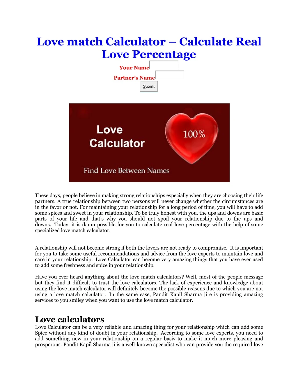 love match calculator calculate real love
