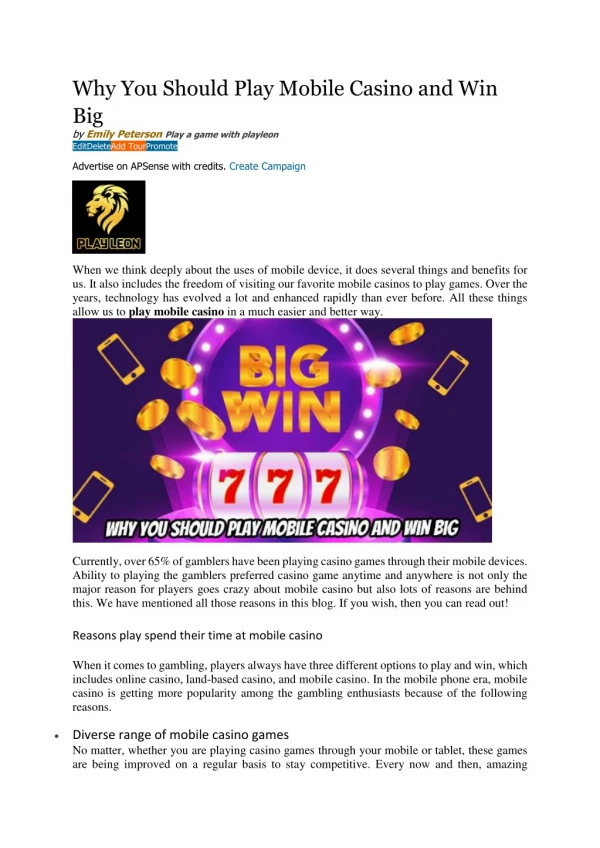 Why You Should Play Mobile Casino and Win Big