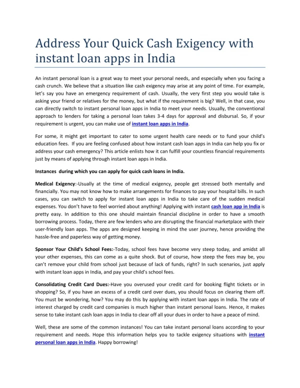 Address Your Quick Cash Exigency with instant loan apps in India