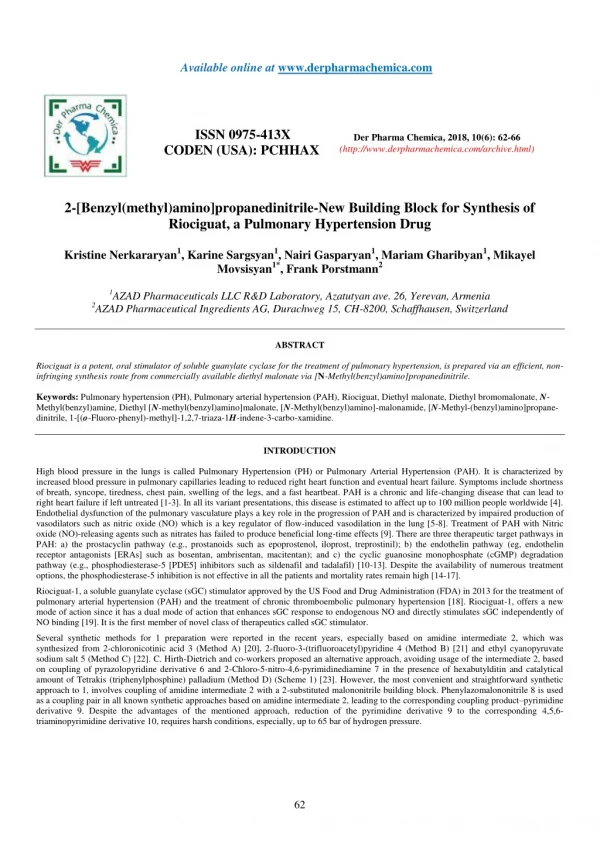 2-[Benzyl(methyl)amino]propanedinitrile-New Building Block for Synthesis of Riociguat, a Pulmonary Hypertension Drug