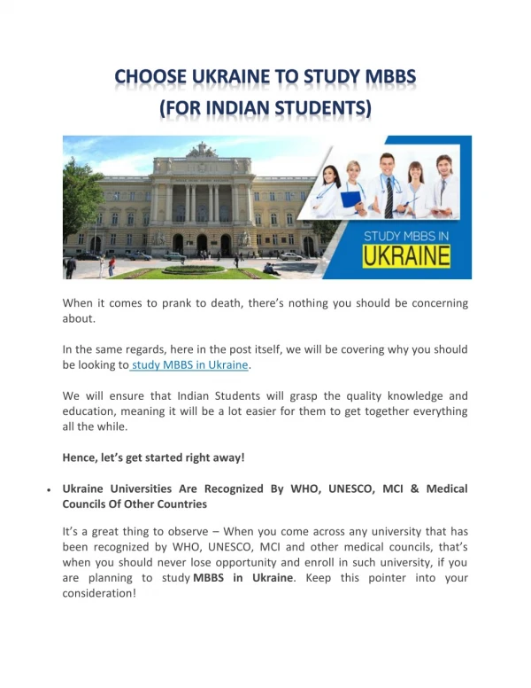 Choose Ukraine to Study MBBS (For Indian Students)