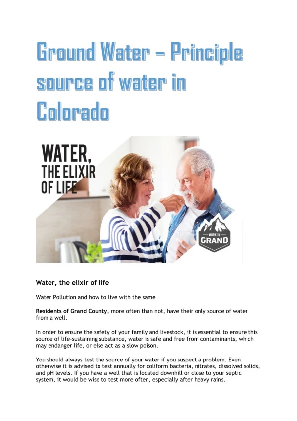 Ground Water – Principle source of water in Colorado
