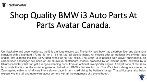 Buy Top Notch BMW i3 Auto Parts Online at Parts Avatar Canada.