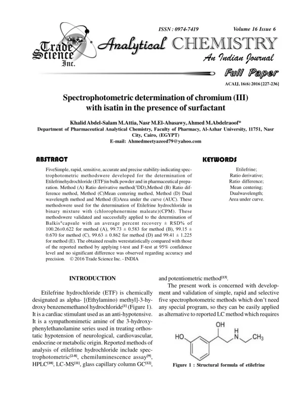 Spectrophotometric determination of chromium (III) with isatin in the presence of surfactant