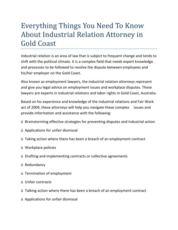 Everything Things You Need To Know About Industrial Relation Attorney in Gold Coast