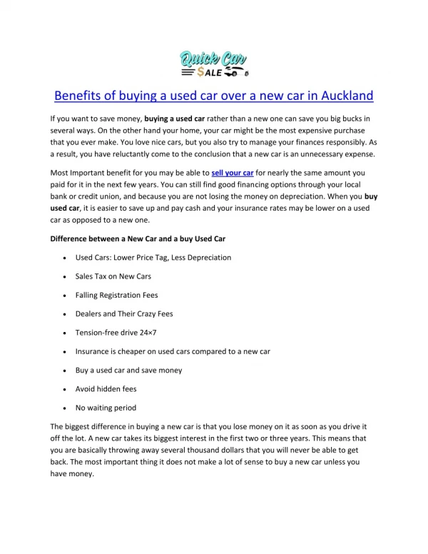 Benefits of buying a used car over a new car in Auckland (Quick Car Sale)