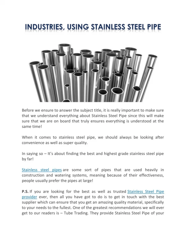 Industries, Using Stainless Steel Pipe