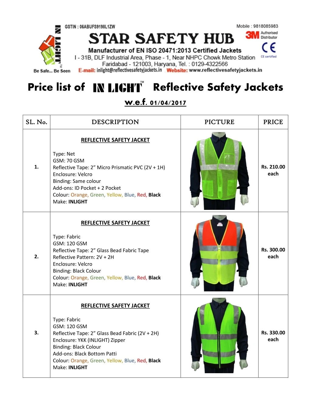 price list of reflective safety jackets