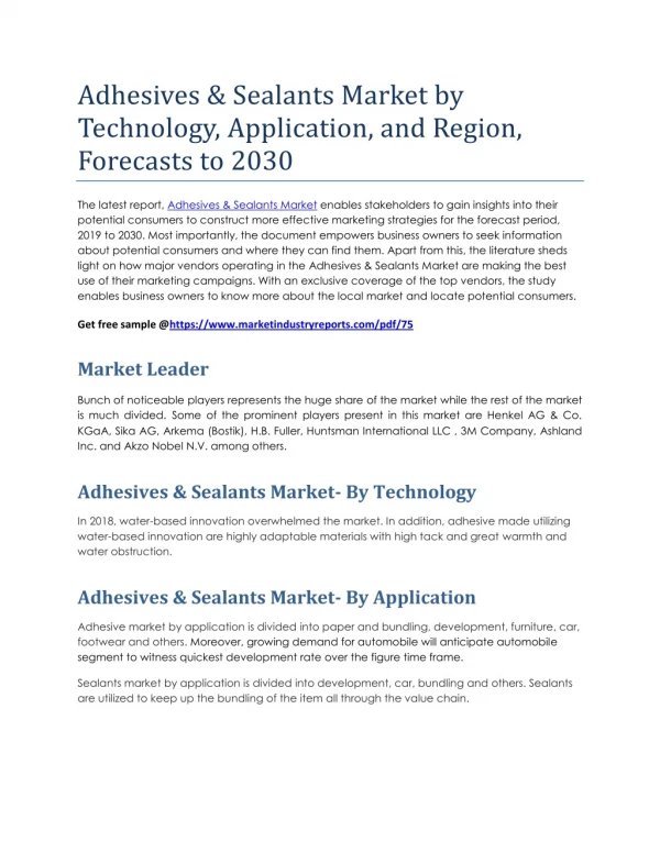 Adhesives & Sealants Market by Technology, Application, and Region, Forecasts to 2030