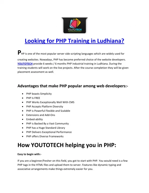 looking for php training in ludhiana