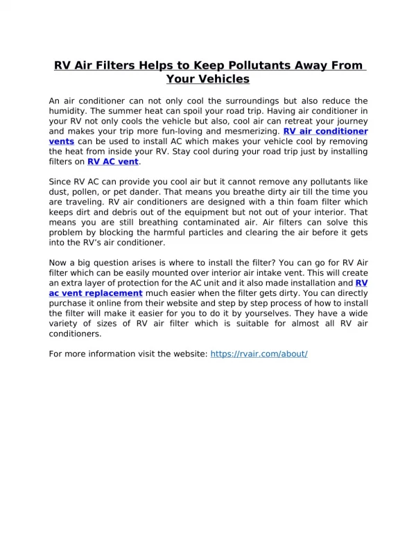 RV Air Filters Helps to Keep Pollutants Away From Your Vehicles