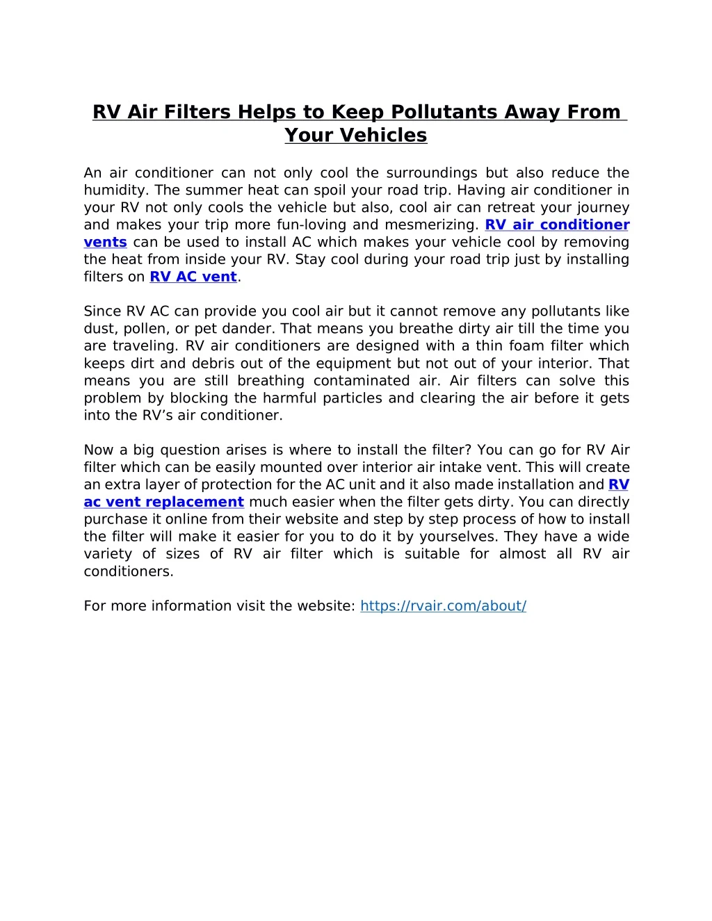 rv air filters helps to keep pollutants away from