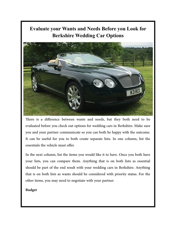 Evaluate your Wants and Needs Before you Look for Berkshire Wedding Car Options