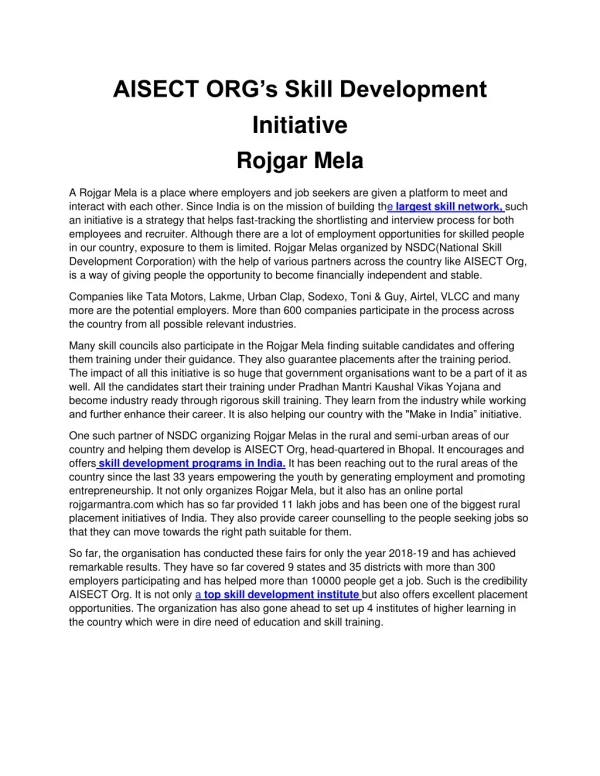 AISECT ORG’s Skill Development Initiative : Rojgar Mela