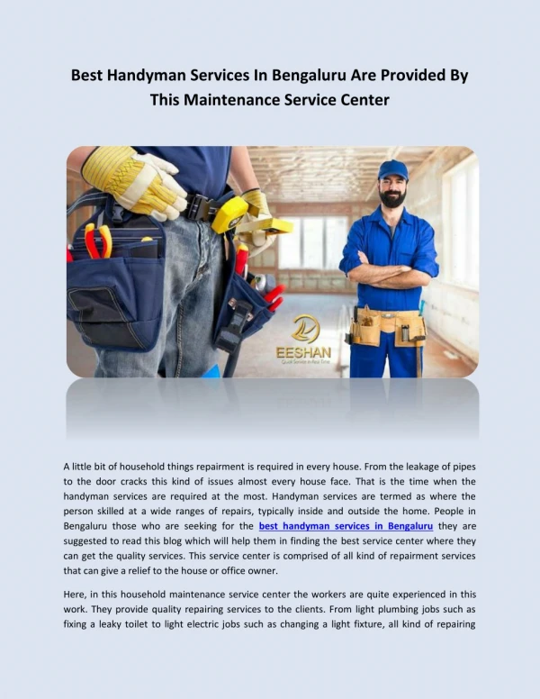 Best Handyman Services In Bengaluru Are Provided By This Maintenance Service Center