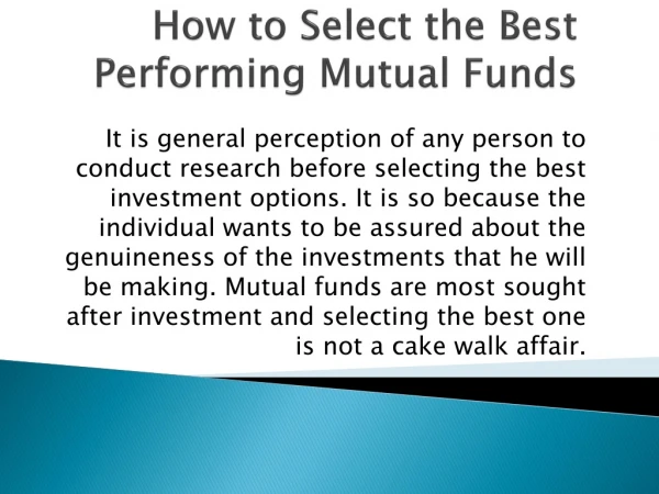 How to Select the Best Performing Mutual Funds