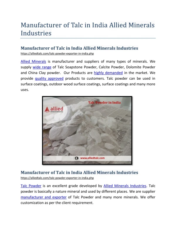 Manufacturer of Talc in India Allied Minerals Industries