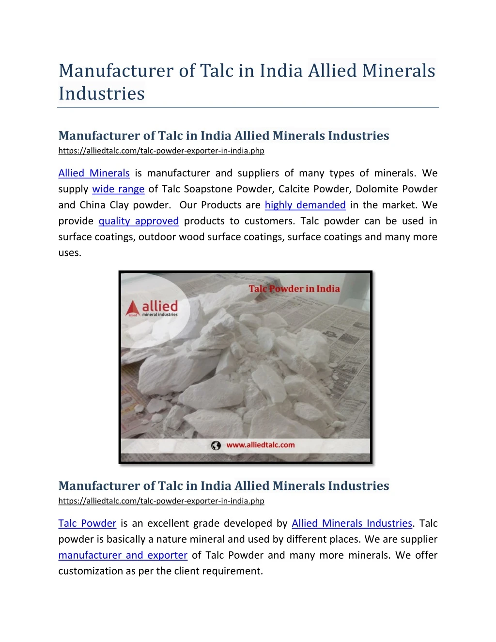 manufacturer of talc in india allied minerals