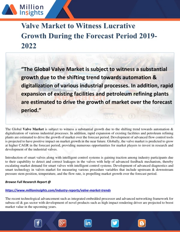 Valve Market to Witness Lucrative Growth During the Forecast Period 2019-2022
