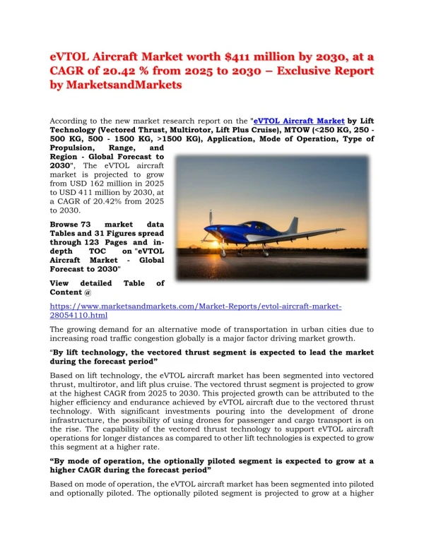 eVTOL Aircraft Market worth $411 million by 2030, at a CAGR of 20.42 % from 2025 to 2030