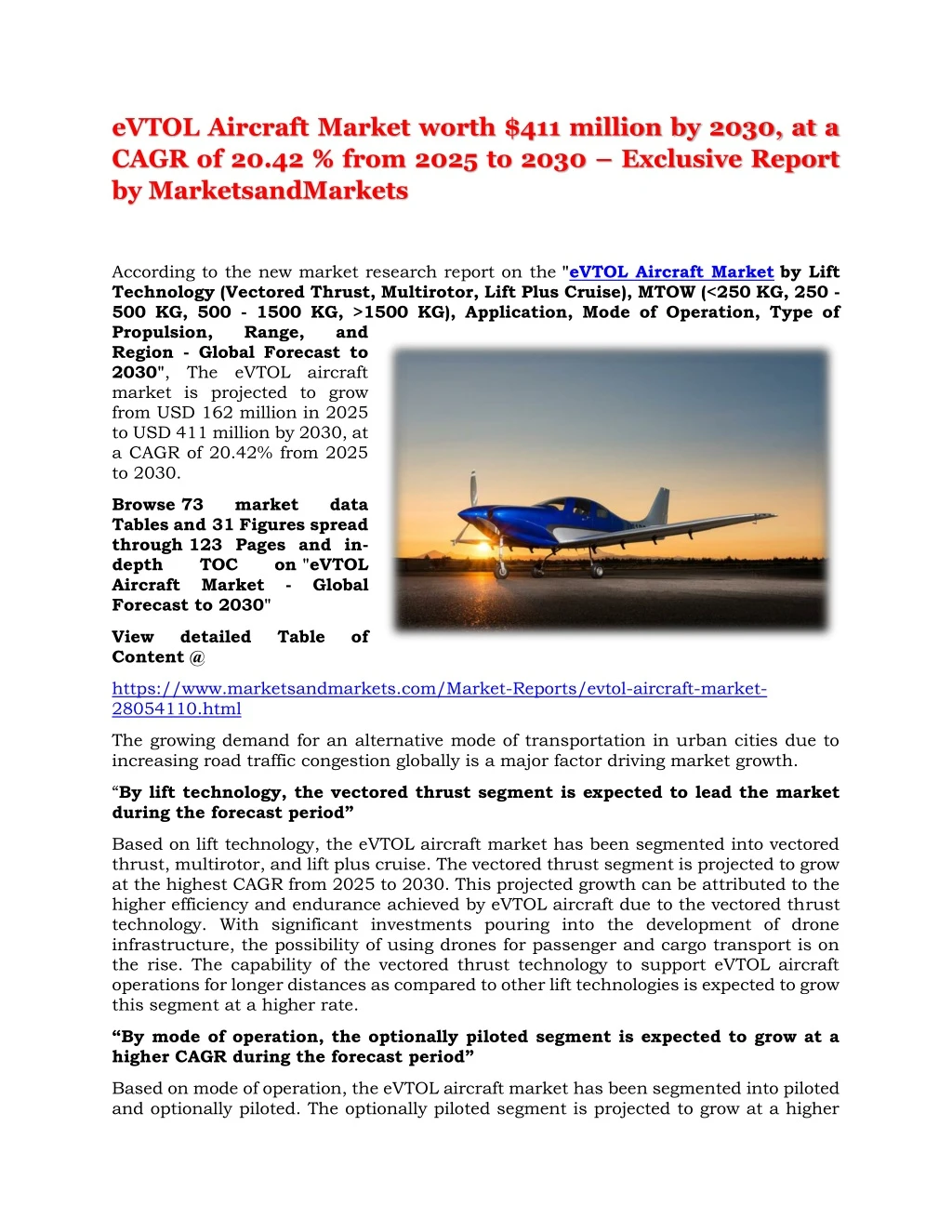 evtol aircraft market worth 411 million by 2030