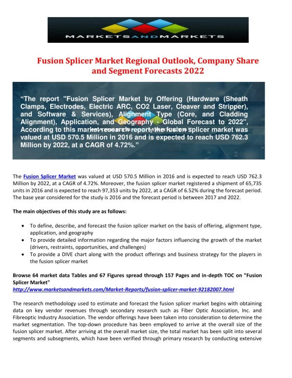 Fusion Splicer Market Regional Outlook, Company Share and Segment Forecasts 2022