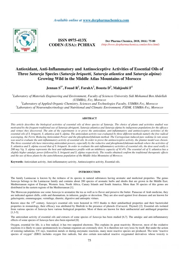 Antioxidant, Anti-Inflammatory and Antinociceptive Activities of Essential Oils of Three Satureja Species (Satureja briq