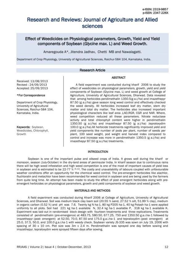 Effect of Weedicides on Physiological parameters, Growth, Yield and Yield components of Soybean (Glycine max. L) and Wee