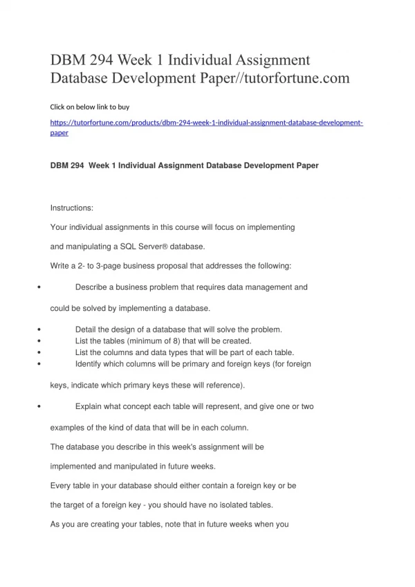 DBM 294 Week 1 Individual Assignment Database Development Paper//tutorfortune.com