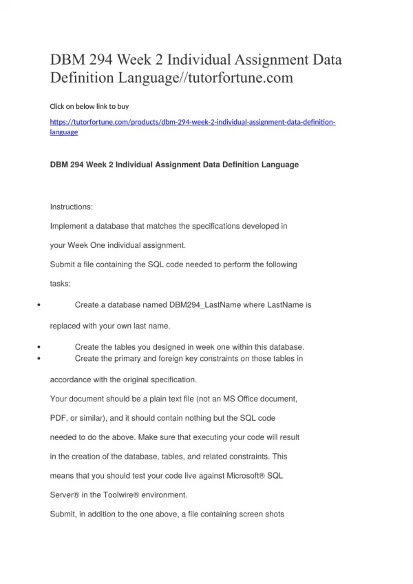 DBM 294 Week 2 Individual Assignment Data Definition Language//tutorfortune.com