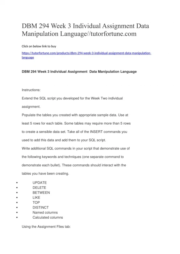 DBM 294 Week 3 Individual Assignment Data Manipulation Language//tutorfortune.com
