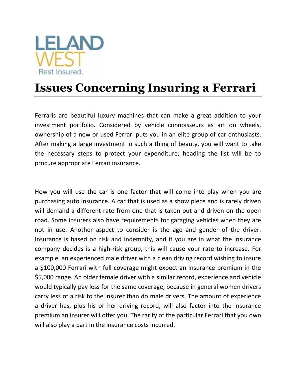 issues concerning insuring a ferrari