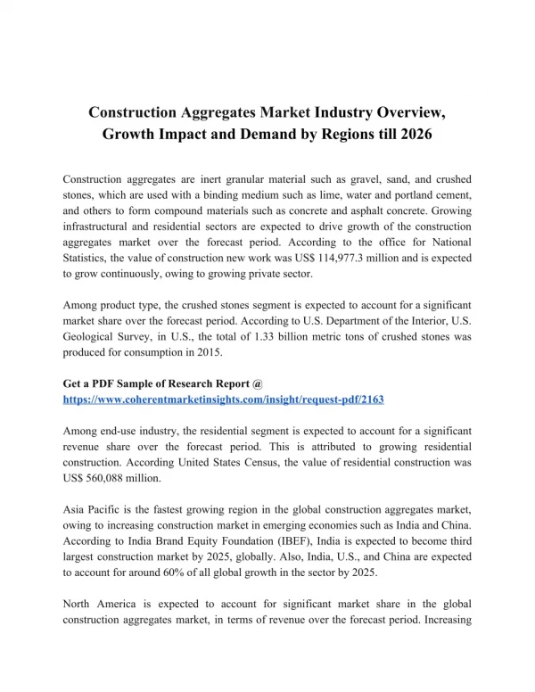 Construction Aggregates Market Industry Overview, Growth Impact and Demand by Regions till 2026