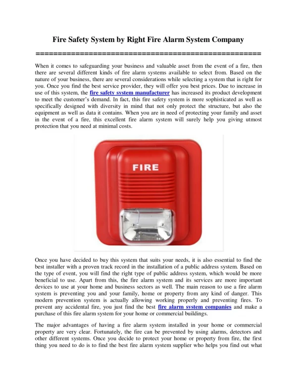 Fire Safety System by Right Fire Alarm System Company