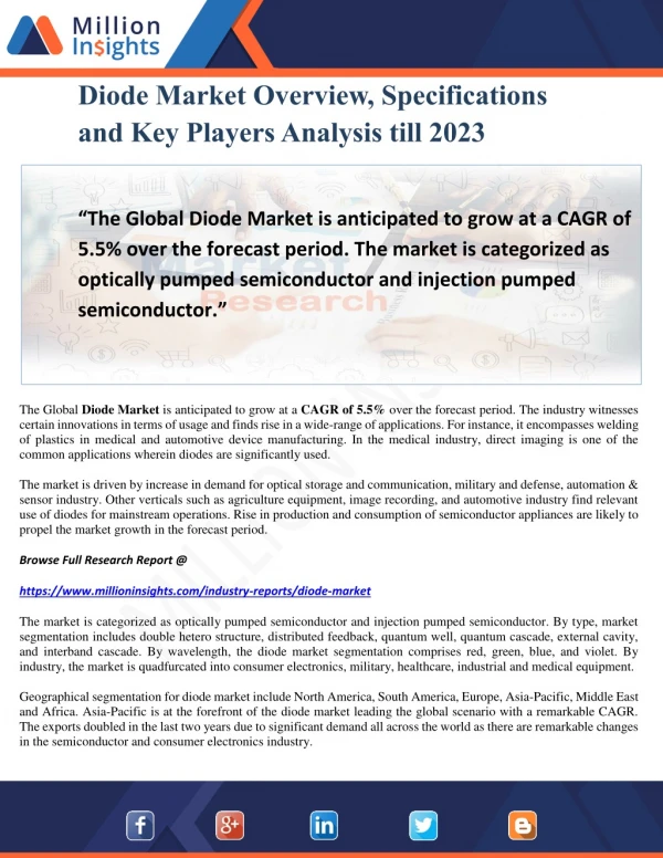 Diode Market Overview, Specifications and Key Players Analysis till 2023