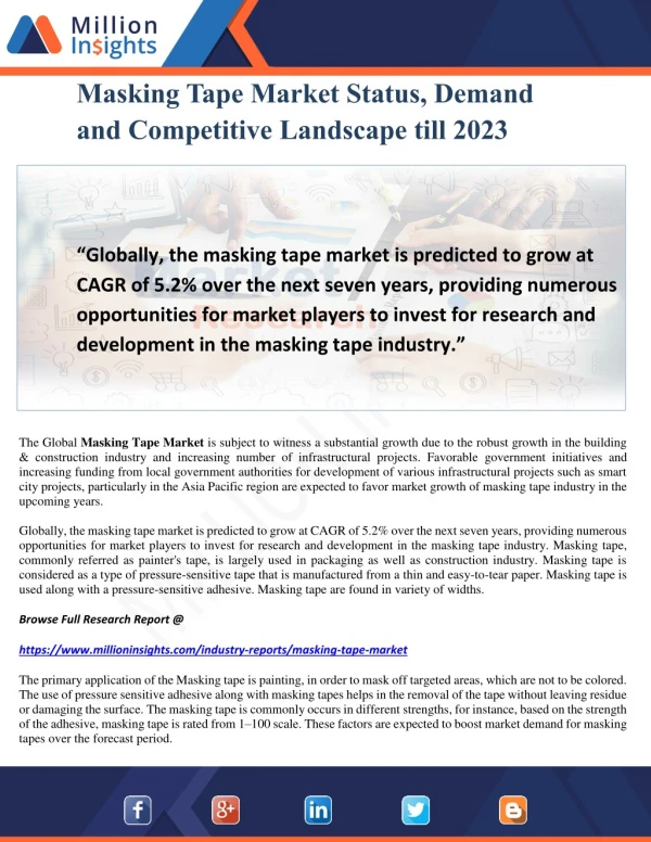 Masking Tape Market Status, Demand and Competitive Landscape till 2023
