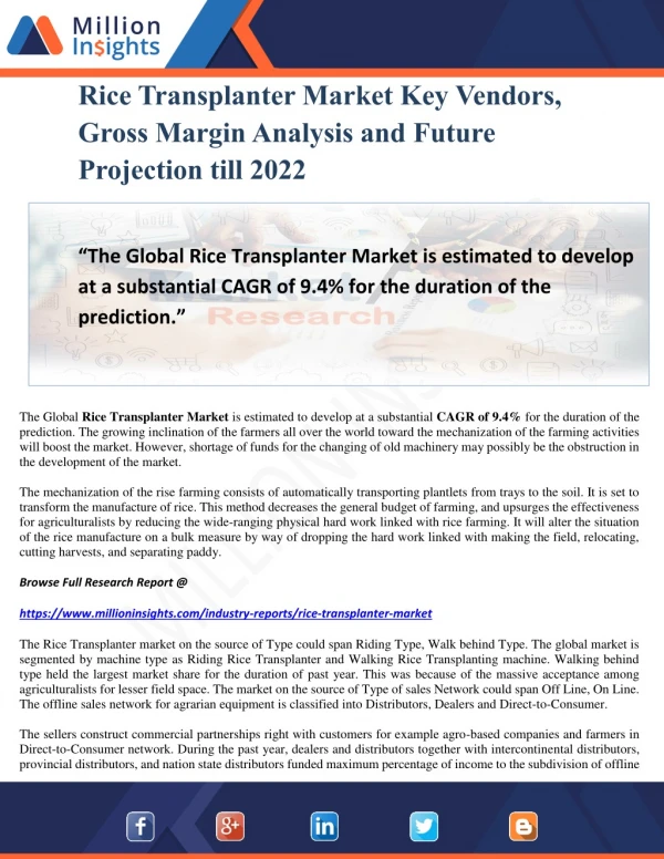 Rice Transplanter Market Key Vendors, Gross Margin Analysis and Future Projection till 2022