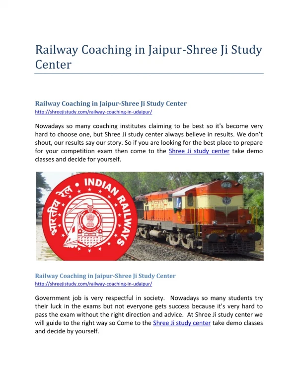Railway Coaching in Jaipur-Shree Ji Study Center