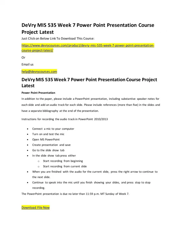 DeVry MIS 535 Week 7 Power Point Presentation Course Project Latest