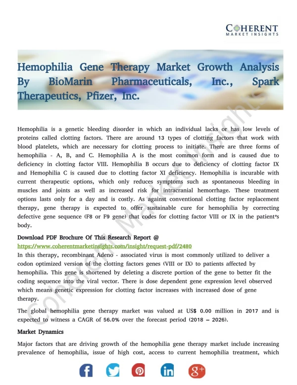 Hemophilia Gene Therapy Market Growth Analysis By BioMarin Pharmaceuticals, Inc., Spark Therapeutics, Pfizer, Inc.