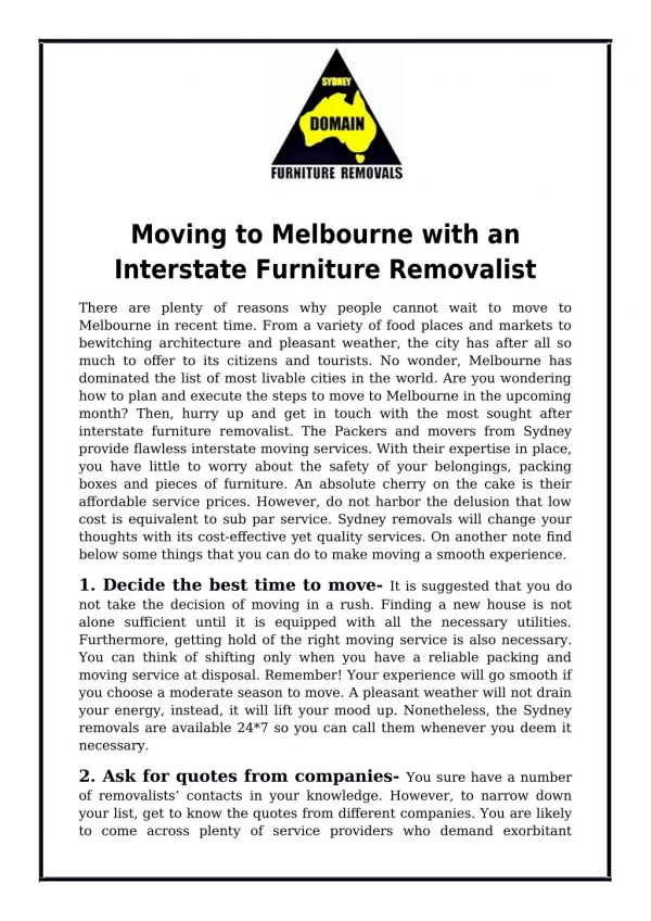 Moving to Melbourne with an Interstate Furniture Removalist